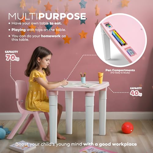 HAPPY BEAR Table and Chair Set for Kids Strong & Durable Plastic Made Rectangle Table with Box Space for Stationery 3 Level Height Adjustable (T&C2 - Pink) - Image 5