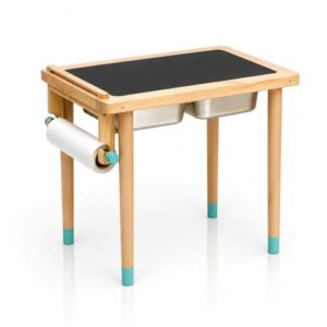 Ariro Montessori Sensory Play Table for Toddlers with 2 Stainless Steel Bins - Flisat Wooden Messy Activity Table with Blackboard Lid for Water, Sand & Art Play – Ideal for Home, Children (Blue)