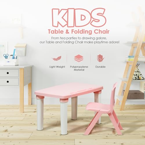 HAPPY BEAR Table and Folding Chair Set for Kids Strong & Durable Plastic Made Rectangle Table with Box Space for Stationery 3 Level Height Adjustable (Light Pink) - Image 5