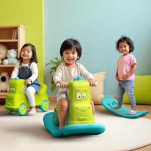Happy Bear 3-in-1 Rock n Roll Ride-On | Push Car for 1 – 5 Years | Rocking Horse for Toddlers | Balance Board | Safe, Sturdy & Fun Indoor Toy (Green, Rock & Roll)