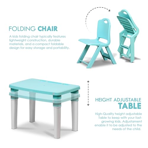HAPPY BEAR Table and Folding Chair Set for Kids Strong & Durable Plastic Made Rectangle Table with Box Space for Stationery 3 Level Height Adjustable (Light Blue) - Image 2