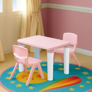 HAPPY BEAR Table and Chair Set for Kids Strong & Durable Plastic Made Rectangle Table with Box Space for Stationery 3 Level Height Adjustable (T&C2 - Pink)