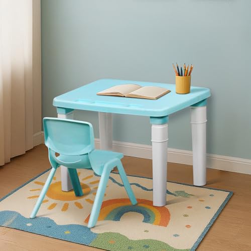 HAPPY BEAR Table and Chair Set for Kids Strong & Durable Plastic Made Rectangle Table with Box Space for Stationery 3 Level Height Adjustable (Blue)