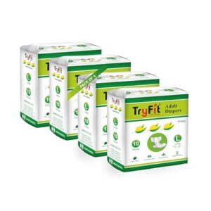 TryFit Tape Type Adult Diaper | Super Absorbent with 10-Hour Leakage Protection | Odor Control, Antibacterial, and Breathable Non-Woven Surface | 10 Pieces Pack (L, Pack of 4)