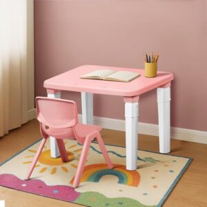 HAPPY BEAR Table and Chair Set for Kids Strong & Durable Plastic Made Rectangle Table with Box Space for Stationery 3 Level Height Adjustable (Pink)