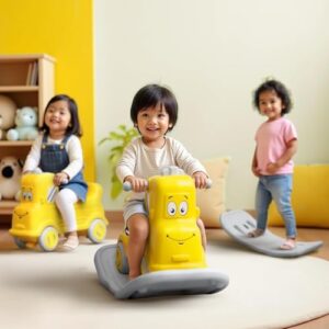 Happy Bear 3-in-1 Rock n Roll Ride-On | Push Car for 1 – 5 Years | Rocking Horse for Toddlers | Balance Board | Safe, Sturdy & Fun Indoor Toy (Yellow, Rock & Roll)
