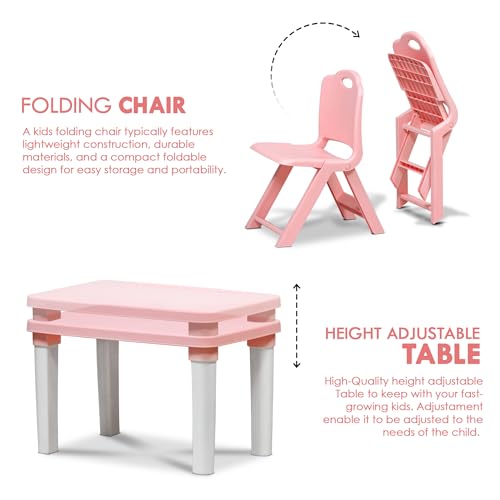 HAPPY BEAR Table and Folding Chair Set for Kids Strong & Durable Plastic Made Rectangle Table with Box Space for Stationery 3 Level Height Adjustable (Light Pink) - Image 2