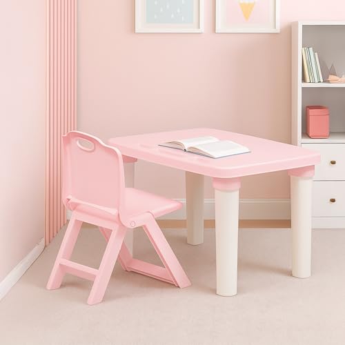 HAPPY BEAR Table and Folding Chair Set for Kids Strong & Durable Plastic Made Rectangle Table with Box Space for Stationery 3 Level Height Adjustable (Light Pink)