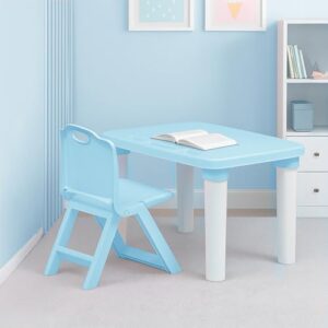 HAPPY BEAR Table and Folding Chair Set for Kids Strong & Durable Plastic Made Rectangle Table with Box Space for Stationery 3 Level Height Adjustable (Light Blue)