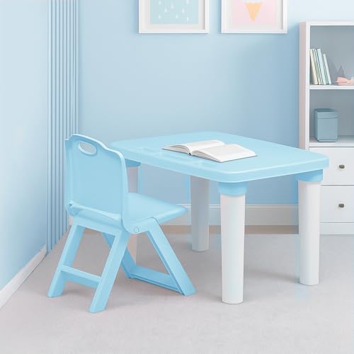 HAPPY BEAR Table and Folding Chair Set for Kids Strong & Durable Plastic Made Rectangle Table with Box Space for Stationery 3 Level Height Adjustable (Light Blue)