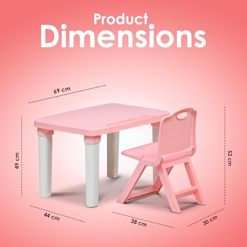 HAPPY BEAR Table and Folding Chair Set for Kids Strong & Durable Plastic Made Rectangle Table with Box Space for Stationery 3 Level Height Adjustable (Light Pink) - Image 3