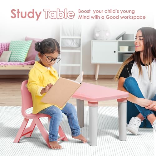 HAPPY BEAR Table and Folding Chair Set for Kids Strong & Durable Plastic Made Rectangle Table with Box Space for Stationery 3 Level Height Adjustable (T&F2-Pink) - Image 2