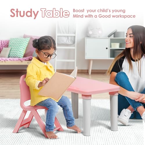 HAPPY BEAR Table and Folding Chair Set for Kids Strong & Durable Plastic Made Rectangle Table with Box Space for Stationery 3 Level Height Adjustable (Light Pink) - Image 6