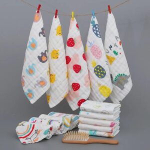 Little Boo Muslin 6 Layer Cotton Face Towels for Newborn Baby Extra Soft Hankies Reusable Napkins for Infants Toddlers/Kids (Pack of 5) White Printed.