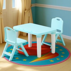 HAPPY BEAR Table and Folding Chair Set for Kids Strong & Durable Plastic Made Rectangle Table with Box Space for Stationery 3 Level Height Adjustable (T&F2-Blue)