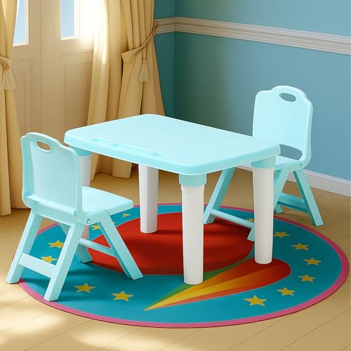 HAPPY BEAR Table and Folding Chair Set for Kids Strong & Durable Plastic Made Rectangle Table with Box Space for Stationery 3 Level Height Adjustable (T&F2-Blue)