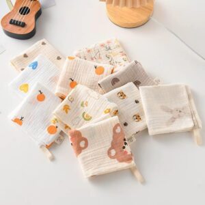 Little Boo Muslin 6 Layer Organic Cotton Face Towel for Newborn Baby, Baby Bath Towel Wipes Extra Soft Hankies Handkerchief for Kids, Reusable Towel for Toddlers Kids - (Pack of 5) - Beige Printed.