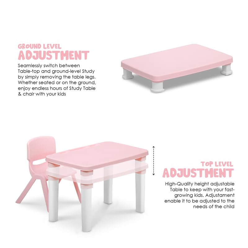 HAPPY BEAR Table and Chair Set for Kids Strong & Durable Plastic Made Rectangle Table with Box Space for Stationery 3 Level Height Adjustable (Pink) - Image 2