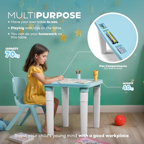HAPPY BEAR Table and Chair Set for Kids Strong & Durable Plastic Made Rectangle Table with Box Space for Stationery 3 Level Height Adjustable (T&C2 - Blue) - Image 5