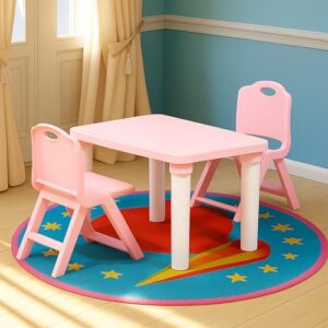 HAPPY BEAR Table and Folding Chair Set for Kids Strong & Durable Plastic Made Rectangle Table with Box Space for Stationery 3 Level Height Adjustable (T&F2-Pink)