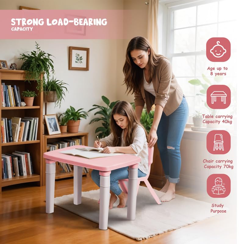 HAPPY BEAR Table and Chair Set for Kids Strong & Durable Plastic Made Rectangle Table with Box Space for Stationery 3 Level Height Adjustable (Pink) - Image 5