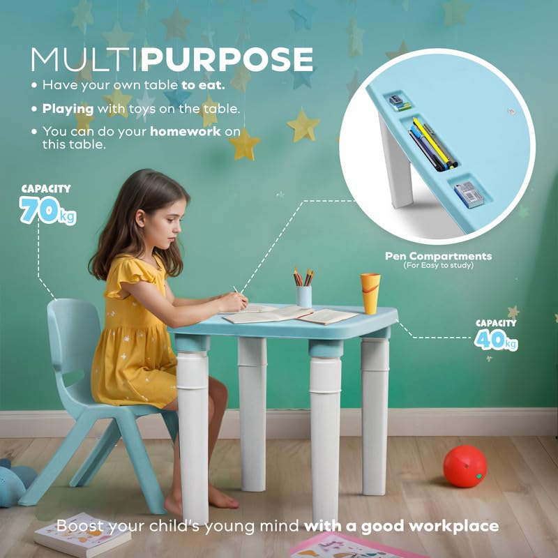 HAPPY BEAR Table and Chair Set for Kids Strong & Durable Plastic Made Rectangle Table with Box Space for Stationery 3 Level Height Adjustable (Blue) - Image 6