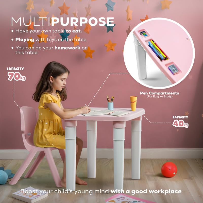 HAPPY BEAR Table and Chair Set for Kids Strong & Durable Plastic Made Rectangle Table with Box Space for Stationery 3 Level Height Adjustable (Pink) - Image 6